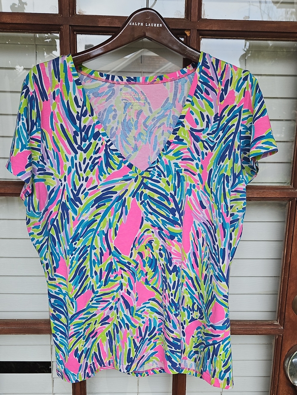Lilly Pulitzer Michele Cotton V-Neck Palm Reader Print Women Size X Large